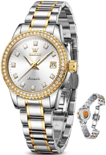 OLEVS Silver and Gold Watch Women Dress Business Stainless Steel Band Watches for Women Waterproof Luminous Womens Luxury Watches Diamond Setting Women's Wrist Watch Date Silver Dial