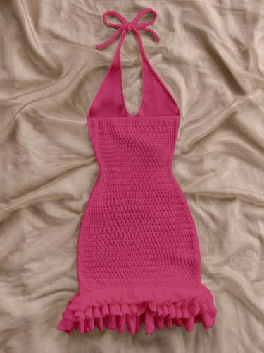 Image of GORGLITTER Women's Vacation Outfit Crochet Halter Knit Bubble Mini Dress Sexy Beach Cruise Summer Miami Resort Outfits