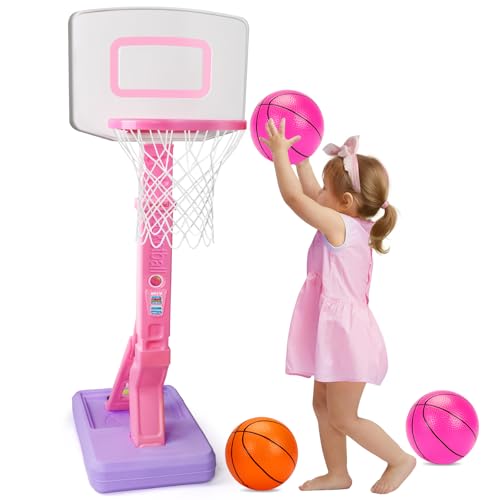 Image of Toddler Pink Basketball Hoop for Age 1-3, Adjustable Kids Basketball Hoop with 3 Balls Indoor Outdoor Play Mini Poolside Basketball Goal Sport Toys Birthday Easter Gift for 1 2 3 4 Year Old Baby Girl