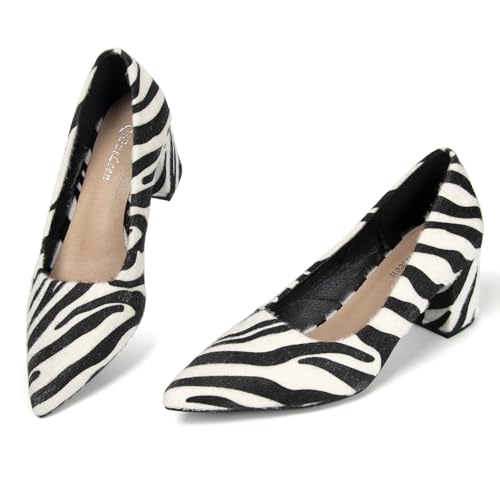 Women's Closed Pointed Toe Work Dress Pumps 2.3 Inch Low Block Patent Leather Office Heels for Women Zebra Pattern Suede Daily Party Comfy Slip On Shoes Noiseless Sole Available