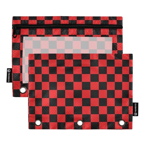 ALAZA Pencil Pouch for 3 Ring Binder, Red Black Checkered Plaid Binder Pencil Pouches with Clear Window Zipper Pencil Case Cosmetic Bags for Office College Supplies, 2PCS