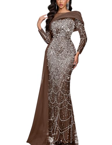 VOUIAO Women Sequin Beaded Mermaid Formal Evening Gown Prom Dress Brown L