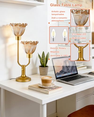 Image of Lightdot Mid Century Modern Gold Table Lamp Dimmable Vintage Glass Lamp