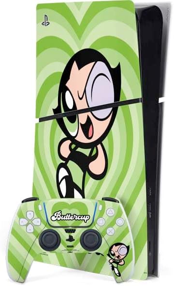 Skinit Decal Gaming Skin Compatible with PS5 Slim Digital Edition Bundle - Officially Licensed Cartoon Network Powerpuff Girls Buttercup Green Hearts Design