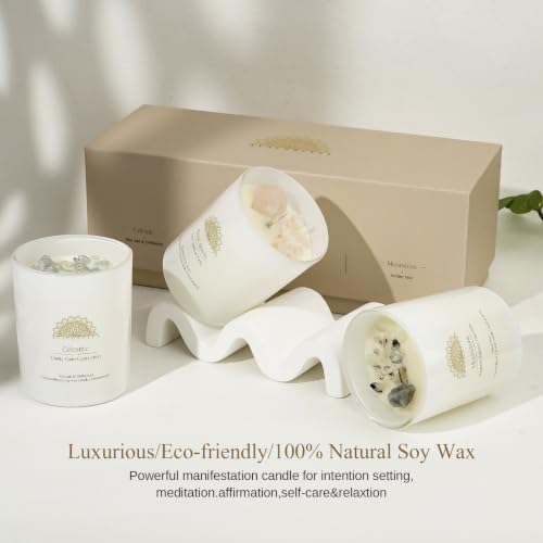 AvaConcept Healing Crystal Candle Gift Set – Set of 3 Celestite, Rose Quartz & Moonstone Hand-Poured Soy Wax Sea Salt Driftwood, Blackcurrant Rose & Amber Noir Aromatherapy Scents Premium Gift Box - Image 4