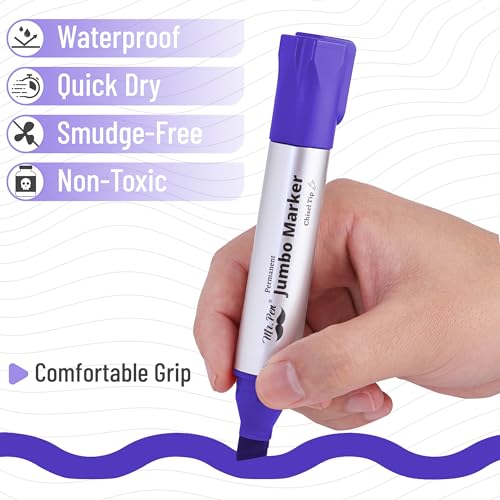 Image of Mr. Pen- Jumbo Permanent Markers, 4 Pack, Purple, Chisel Tip, Wide Tip | Large, Thick Permanent Markers for Canvas, Posters Board, Fabric, Window, Glass, Wood, Waterproof, Quick Dry