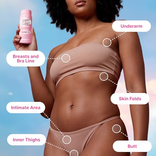 Image of HAPPY CURVES Comfort Powder: Talc Free Anti Chafe Body & Foot Dusting Powder Deodorant to Control Inner Thigh Chafing, Private Areas, and All Over Body for Women (4 Ounce (Pack of 1), Fragrance-Free)