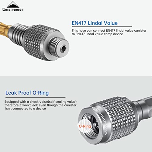 Campingmoon Gaskartuschen Adapter Gasschlauch für EN417 Lindal-Ventil, aufschraubbarer Kanister und Gerät 100cm