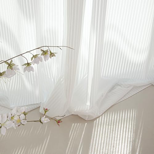 NICETOWN White Privacy Sheer Curtains 84 inches long Vertical Pinstriped for Living Room 2 Panels, Non-See-Through Semi Grommet Window Treatment Light Filtering Drapes for Home Office Bedroom 52" Wide