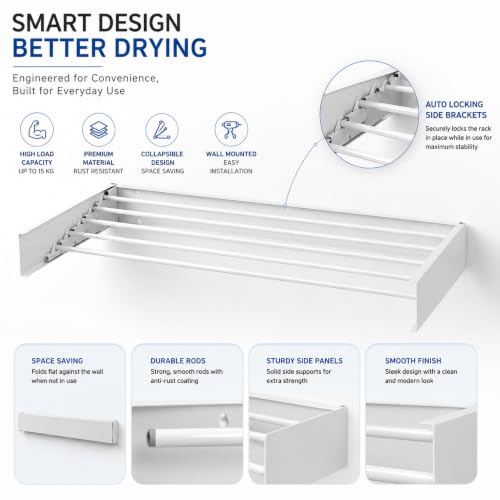 Image of Smart Saver Wall Mounted Drying Collapsible Rack, Clothes Drying Rack, Retractable Wall Drying Rack, 80cm Wide, 4 Aluminum Rods, 28 kg Capacity White