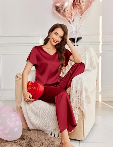 Image of Ekouaer Women's Satin Silky Pajama Set 2 Piece Short Sleeve Shirt with Long Pants Pjs Sets Soft PJ Loungewear S-XXL