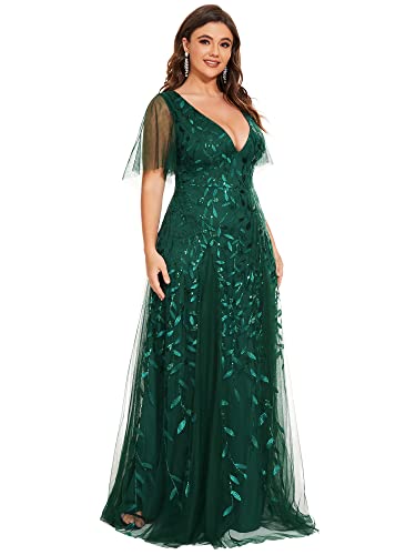 Image of Ever-Pretty Women's Sequin V Neck Plus Size Formal Dresses Evening Gown | Short Sleeve, A-Line, Empire Waist, Plus Size Mother of the Bride Dresses, Plus Size Gala Dress