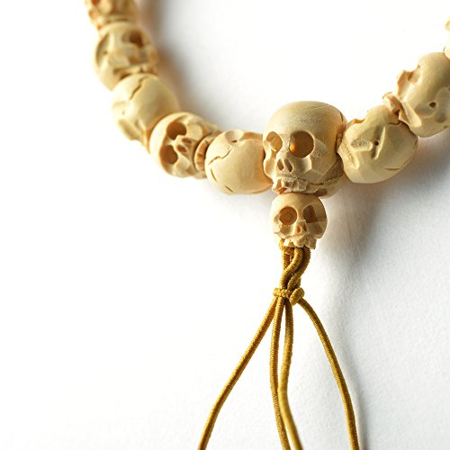 Kyoto Asahiya Japanese Boxwood (Tsuge) Skull Mens Wood Bracelet White Black Buxus Buddhist Juzu Prayer Beads Asian Rosary Handmade Crafts Bracelet Gifts (White) #TOP1