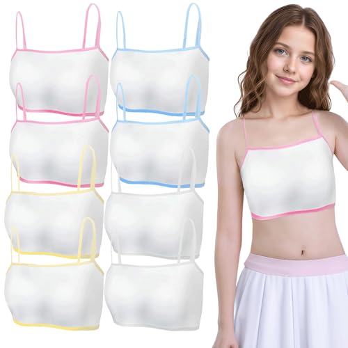 ueslwser 8 piezas de sujetadores deportivos cortos de algodón sin costuras para niñas de 10 a 14 años, sin aros, sin ganchos, ligero y transpirable, azul, amarillo, rosa, blanco, L