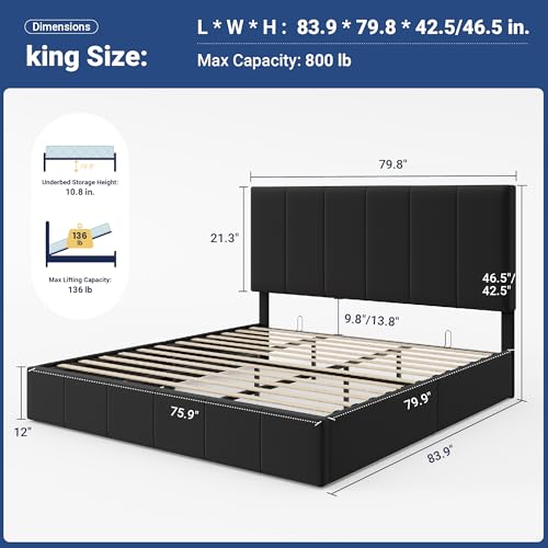 Image of Allewie King Size Velvet Lift Up Hydrualic Storage Bed Frame, Black