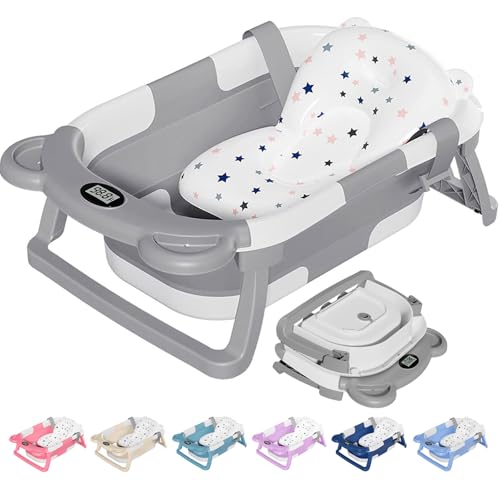 TPN Collapsible Baby Bathtub, Baby Bath Tub with Soft Cushion & Real-Time Thermometer, Baby Bathtub...