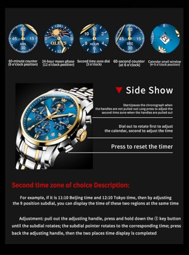 Image of OLEVS Chronograph Watches for Men Original Analog Quartz Black Stainless Steel Chain Luxury Dual Time Zone Moon Phase Date Waterproof Men's Wrist Watch