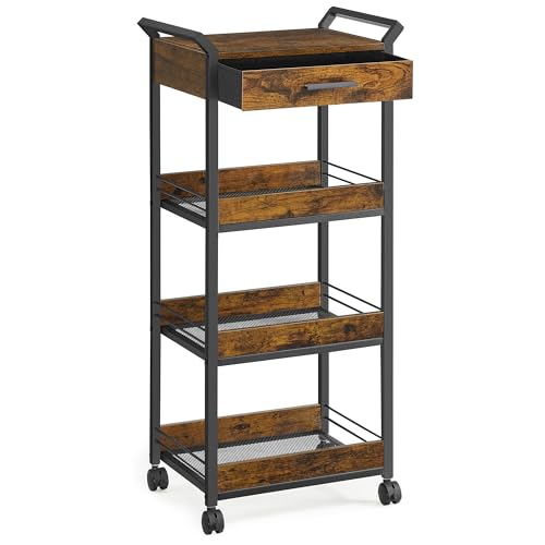 VASAGLE Rollwagen, Küchenwagen 4 Ebenen, Servierwagen mit Bremsen, Holzspanplatte, obere Schublade, Aufbewahrungsregal für Küche, Badezimmer, Schlafzimmer, vintagebraun-tintenschwarz LRC049K01