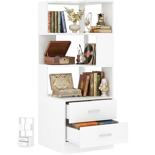 Armocity Corner Bookshelf with Drawers 6 Tier Corner Book Shelf Display Bookcase Freestanding L Shaped Bookshelf for Bedroom Living Room Home Office White