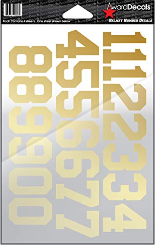 Number Stickers for Helmets (Football, Baseball, Softball, Hockey, Lacrosse, Etc.) 4 Sheets (Vegas Gold)