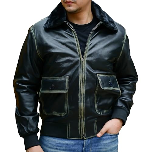 Image of Jild Navy G-1 Real Leather Bomber Jacket Men with Removable Fur Collar - Vintage Flight Aviator Leather Jacket Men