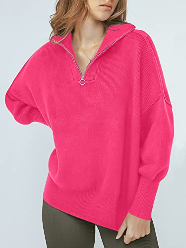 Image of ANRABESS Womens Oversized Quarter Zip Pullover Sweaters | Fall Fashion Outfits, Long Sleeve Slit Side, Baggy Loose Fit, 1 /4 Zip Lapel Collared, Ribbed Knit Soft Warm Winter Clothing