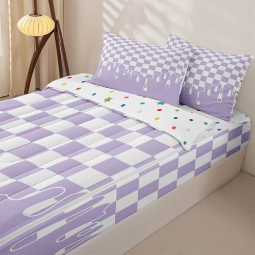 Image of Lavender Checkered Zipper Bedding Set Queen Zip Up Bedding Checkerboard Drip Comforter Set with Sheets,Indie Aesthetic Modern Geometric Bed in a Bag Bed Sets with 2 Pillowcases Y2K Room Decor