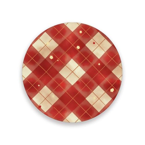 Juego de posavasos redondos de cerámica con diseño de cuadros de ajedrez rojos y blancos, antideslizantes, decorativos, decoración del hogar con respaldo de corcho