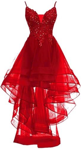 ZJCCKD High Low Homecoming Dresses Spaghetti Strap Evening Party Dress 2025 with Laces Applique Red