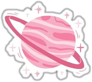 ستيكر لاصق من الفينيل بتصميم كوكب زحل مع نجوم متلألئة بلون وردي وأبيض بلمسة نهائية لامعة قابل للإزالة للديكور وأغراض السفر، مقاس 8 سم