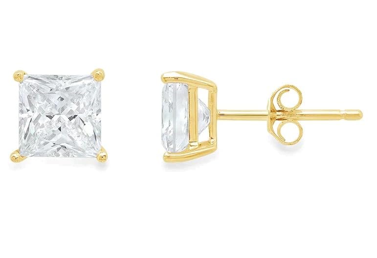 10k Yellow Gold Princess Cut White Diamond Stud Earrings 1/4 Ct Sparkling Diamond Earrings for Women with 4mm Princess Cut and Push Back By Paris Jewelry