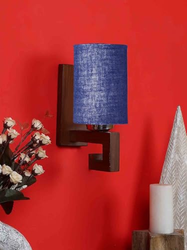 Image of Wall Lamp with Wooden Base (H- 10.9 Inch, Blue) Wall Sconce for Bedroom /Living Room, Study Room, Hall, Home Office Decor | Decorative Indoor Lighting, Warm Ambient Night Light | Barrel Shape