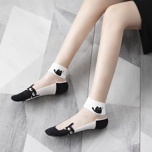 Image of Women Sheer Mesh Ankle Socks Thin Nylon Transparent Novelty Black White Cat Sock 5 Pack for Girls