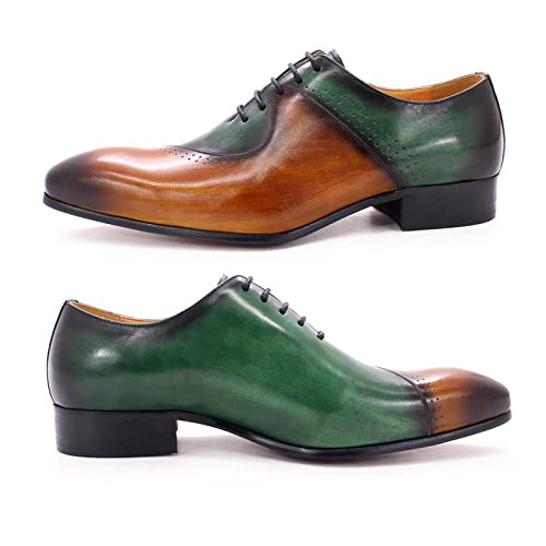 Mens Brown and Green Leather Uniform Shoes Dress Formal Lace Up Derby Shoe Classic Work Oxfords Office Wedding,Brown-423