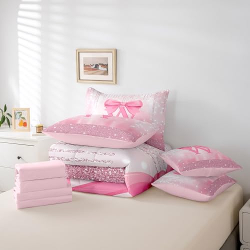 Image of Feelyou Boys Girls Pink Bowknot Comforter Set with Sheets Queen Size, Personalized Initial W 7 Pieces Bedding Set Princess Glitter Bed in A Bag Kids Bow Monogrammed Teens Bed Set Bedroom Decor 7Pcs