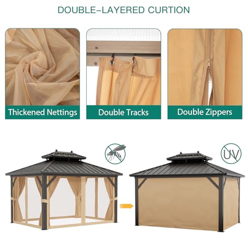 10x13ft Double Roof Hardtop Gazebo, Heavy Duty Galvanised Steel Hardtop Pavilion with Nettings and Curtains, Metal Roof Gazebo for Patio, Terrace, Lawn and Deck, Brown
