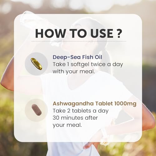 Image of Neuherbs Deep Sea Omega 3 Fish Oil 2500 Mg Capsules & Ashwagandha 1000 Mg Combo for Men & Women- 60 units Each |892 Mg EPA and 594 Mg DHA |Supports Lean Muscle, Strength & Immune Health., 260 grams