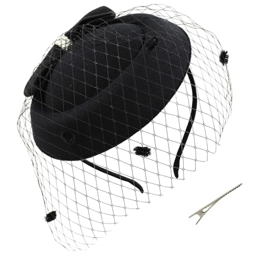 Sombrero tipo pastillero negro estilo años 40 con velo y lazo elegante