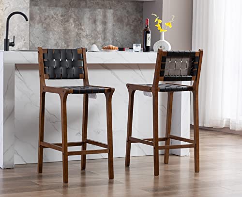 Kmax Bar Stools 28 Inch Farmhouse Wood Barstools Faux Leather Woven Straps With Wood Legs Footrest For Kitchen Island, Set Of 2- Black #TOP2