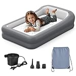 Inflatable Toddler Travel Bed, Portable Kids Air Mattress with Soft Bed Sheet, Toddler Air Mattress with Surround Safety Bumpers, Ideal for Home Use or Travel, Includes Pump and Carry Bag