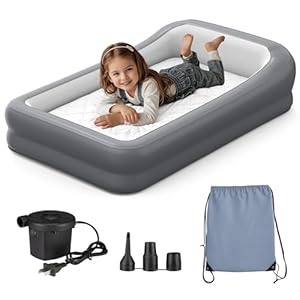Inflatable Toddler Travel Bed, Portable Kids Air Mattress with Soft Bed Sheet, Toddler Air Mattress with Surround Safety Bumpers, Ideal for Home Use or Travel, Includes Pump and Carry Bag