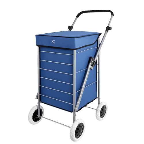 SG Traders Heavy Duty Foldable Shopping Trolley - Lightweight 4-Wheel Cart with Removable Bag for Effortless Shopping - Stylish Spacious Trolley Bag Included (Blue - weight 4.5kg)