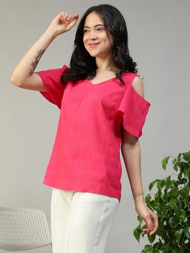 Image of oxolloxo Women Solid V-Neck Short Sleeve Cold Shoulder Yarn-Dyed Dobby Top