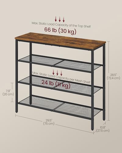 Image of VASAGLE 4-Tier Shoe Rack, Large Shoe Storage Organizer for Closet, Entryway, 15-20 Pairs, with 3 Metal Mesh Shelves, 10.8 x 29.5 x 28.5 Inches, Rustic Brown and Black ULBS114KD01