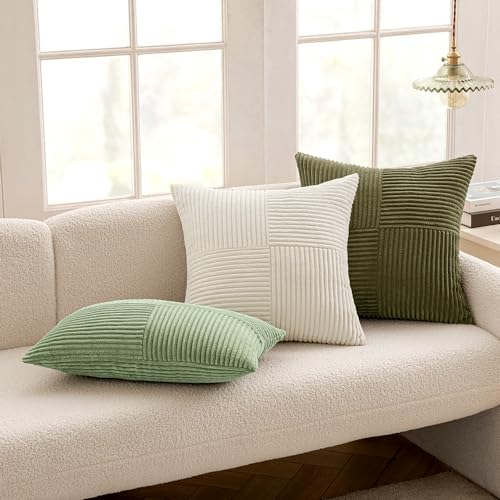 Image of MIULEE Sage Green Decorative Throw Pillow Covers 18x18 Inch for Couch Bed Sofa Pack of 2 Boho Farmhouse Throw Pillows Soft Cross Corduroy Patchwork Textured Cushion Cases