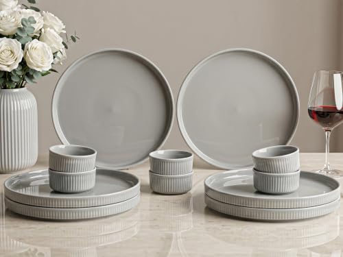 Image of Bodhi House 12-Piece Ribbed Porcelain Dinner Set for 6, 6 Dinner Plates & 6 Katori, Chip Resistant, Lightweight, Microwave & Dishwasher Safe Crockery Set for Home, Dining & Gifting, Pearl Grey