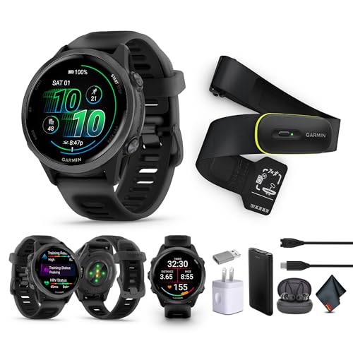 Garmin Forerunner 570 Running Smartwatch, 42MM WiFi, GPS Fitness Smart Watch for Men and Women, Slate Gray Aluminum with Translucent Black/Black Band​​ + Access 600 Fitness Monitor, M-XL​ + More