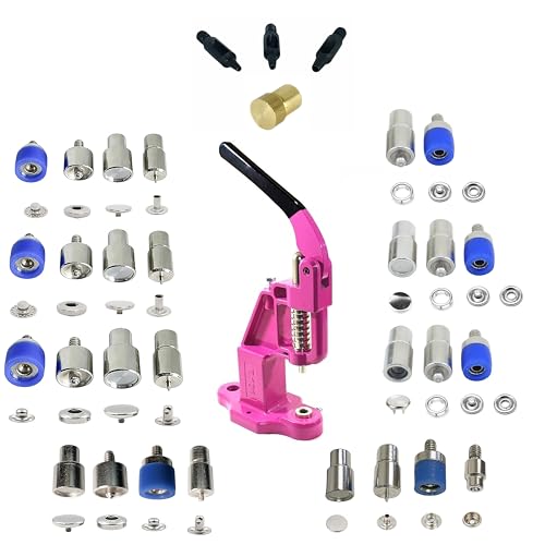 Hobby Trendy Ultimate Snap Button Die Set with Manual Hand Press Machine 8 Snap Button Dies and 3 Sizes of Holes Punches (Pink Press, with 100 Snaps for All Dies)