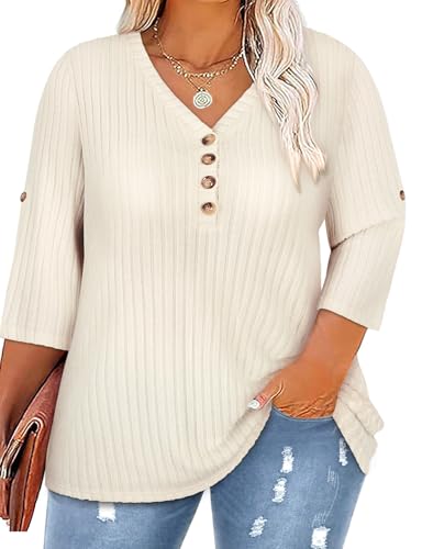 Koscacy Women Plus Size V Neck 3/4 Roll Sleeve Sweater Casual Knit Tops Solid Color Blouses