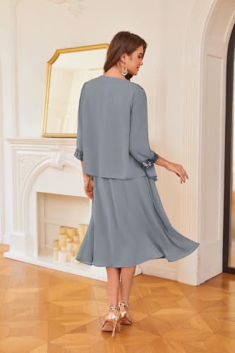 Image of GRACE KARIN Formal Wedding Guest Dress Sequin Mother of The Bride Dresses | Two Piece,3 /4 Sleeve,Tea Length,Crew Neck,Fit and Flare,Chiffon,Suitable for Spring /Summer /Fall /Winter /Cocktail /Party /Prom